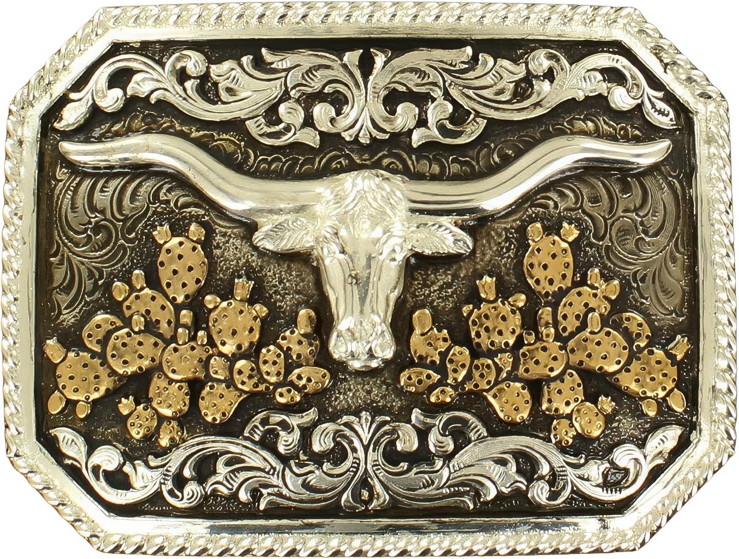 Crumrine Rectangle Longhorn Belt Buckle with Gold Cactus Design and Antique Silver Filigree (Silver, 4" x 3")