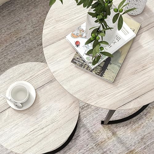 Miniatura 5 de BOFENG Mesa auxiliar redonda industrial para sala de estar, pequeña mesa de centro de madera rústica con marco de metal resistente, juego de 2 mesas