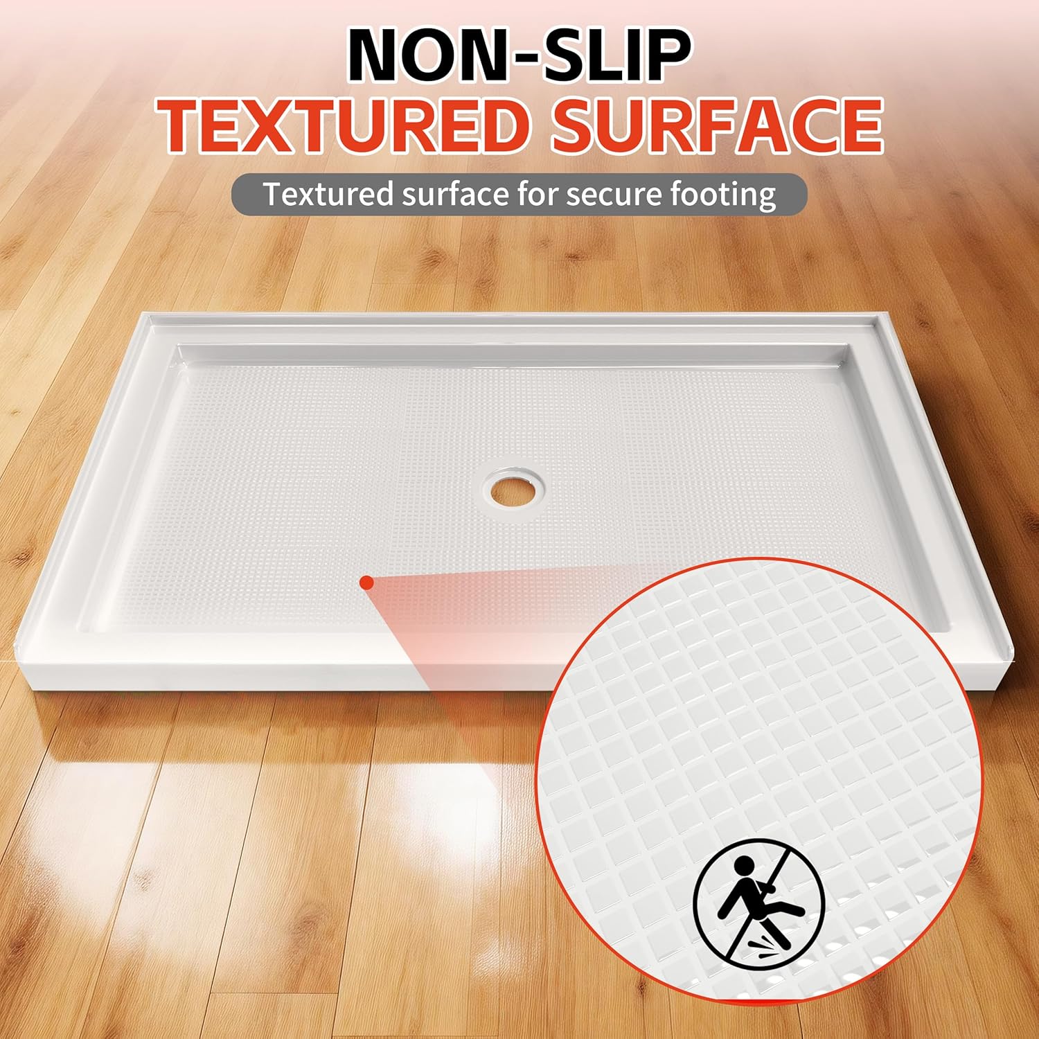 CKB 60 in x 36 in Shower Pan with Center Drain, Single Threshold, Acrylic Fiberglass Alcove Shower Base, Slip-Resistant and Waterproof, White