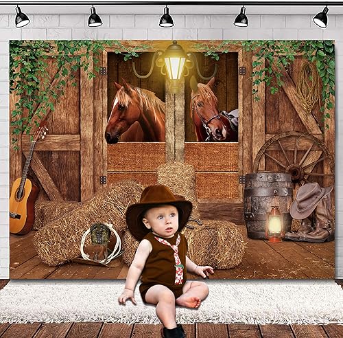 Miniatura 2 de SVBright Estable Western Banner telón de fondo 7 pulgadas de ancho x 5 pulgadas de alto, caballo vaquero, puerta de granero, marrón, ruedas de