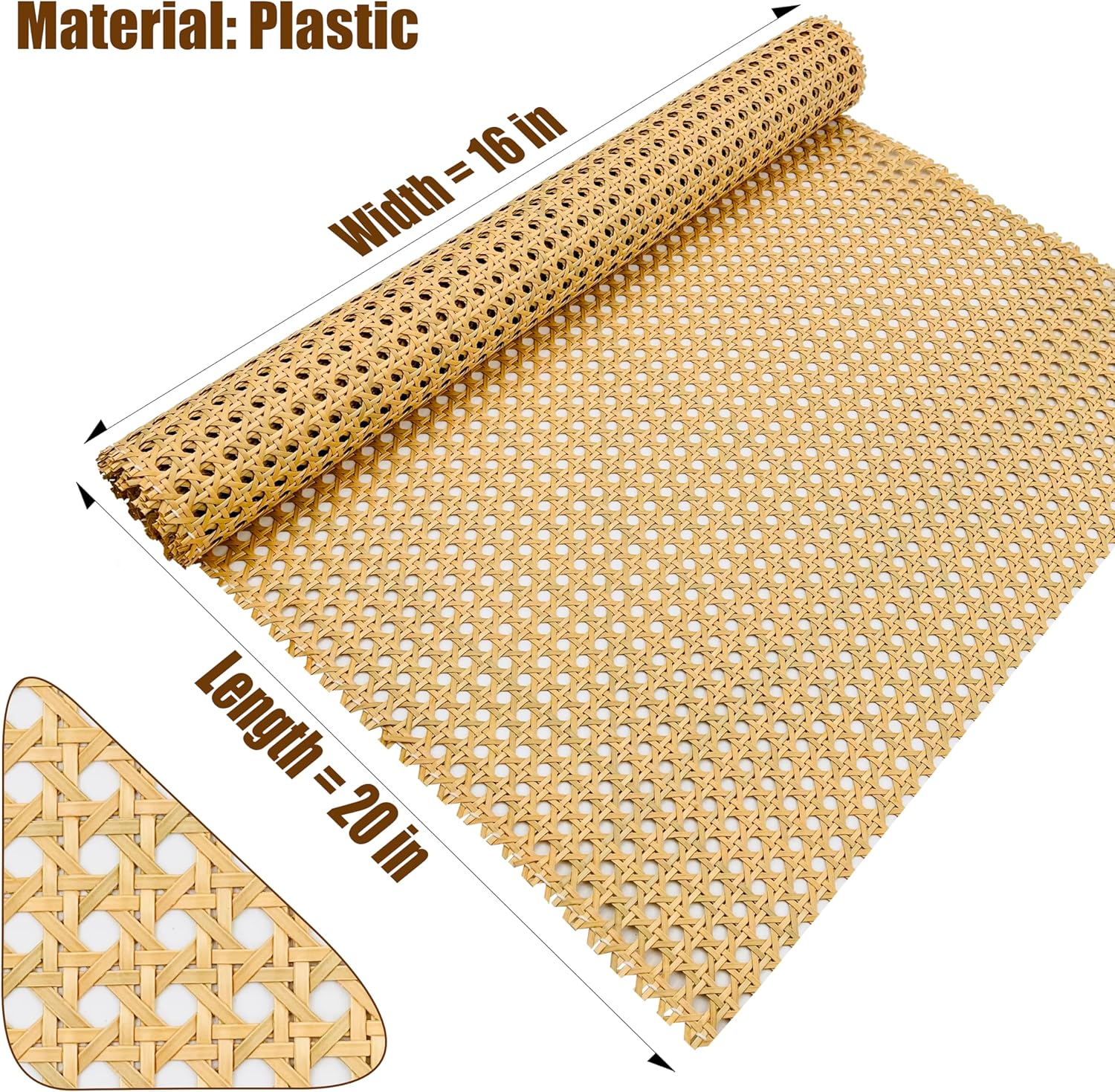 Condition photo showing Good Condition for Plastic Rattan Webbing Roll, 16 Inch x 20 Inch, Handwoven Synthetic Poly Rattan, Faux Cane Mesh-Open Weave, Hexagonal Pattern, for DIY Home Decor Projects incl. Furnitures Chairs Cabinets Beds 16'' x 20''