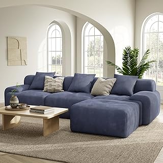 LIKIMIO 118" Modular Sectional Sofa with Ottoman, L-Shaped Boneless Couch with Deep Seat for Living Room, Corduroy Upholstery, No Assembly Required, Navy Blue