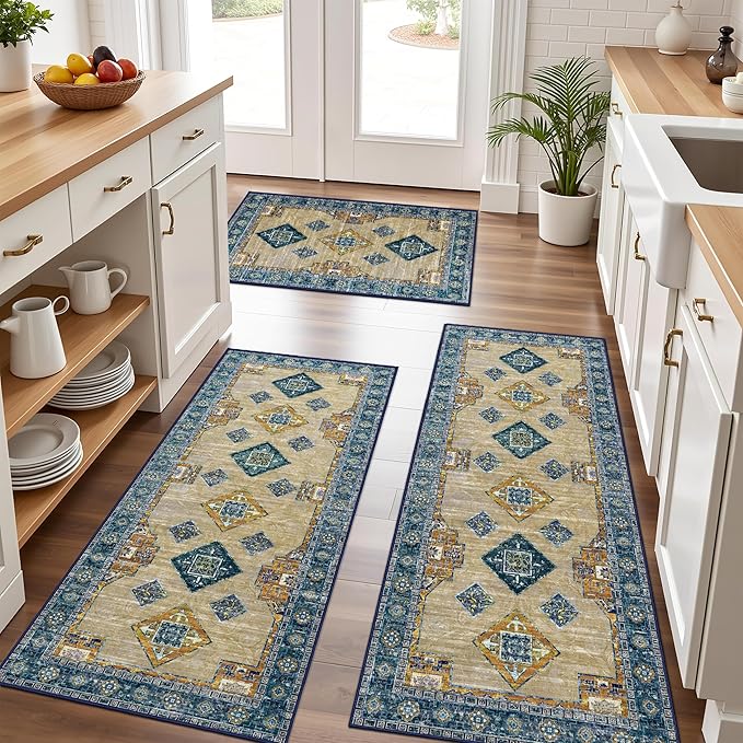 Tritard 100% Non Slip Kitchen Rugs Sets of 3 Washable Boho Kitchen Mats for Floor Vintage Farmhouse Kitchen Rug Soft Runner Rug for Hallway, Laundry Room, Indoor Entryway, Brown