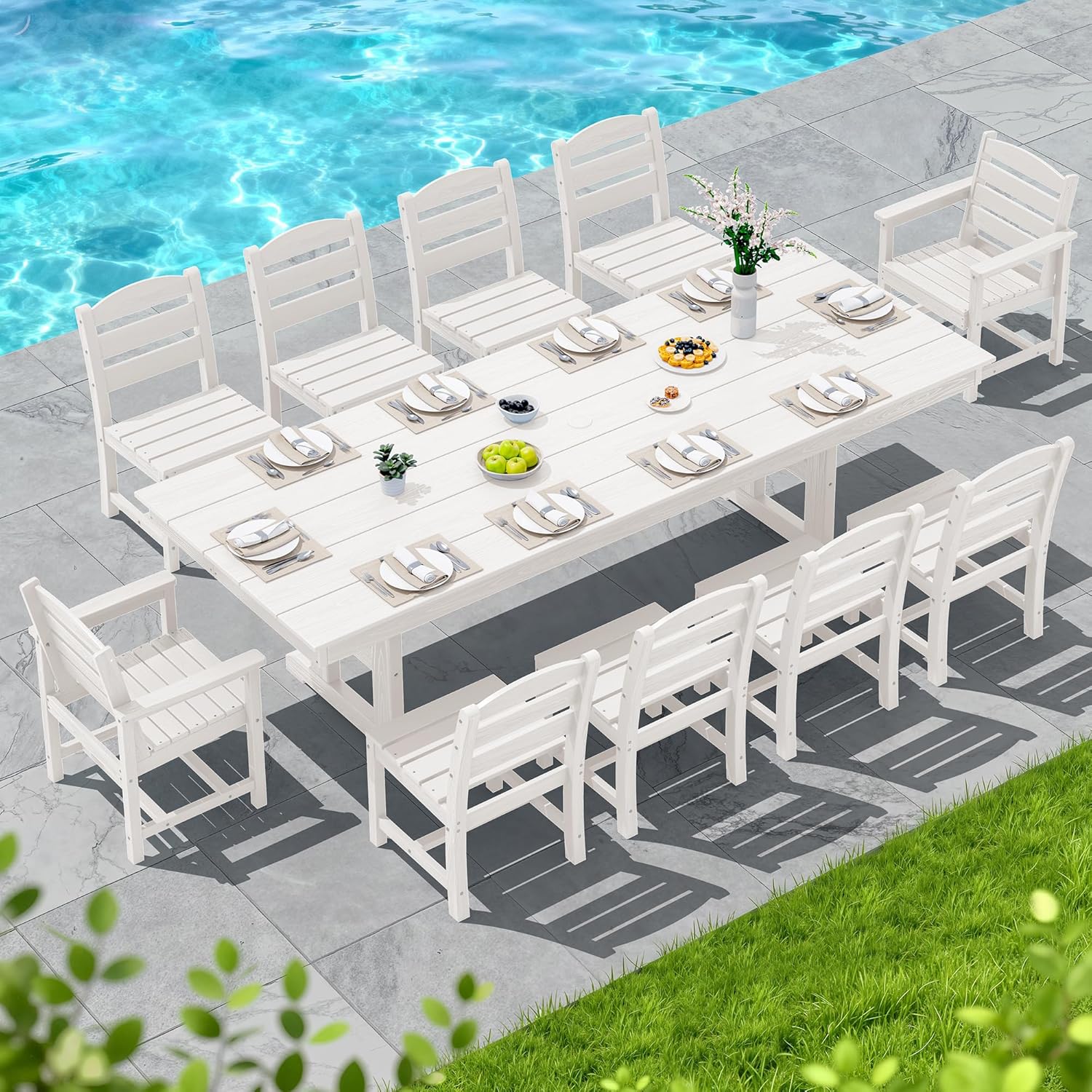 SERWALL 11 Piece Outdoor Dining Set, 84" HDPE Outdoor Table and Chairs for 10，All Weather Patio Furniture Set with Umbrella Hole for Backyard, Garden, White
