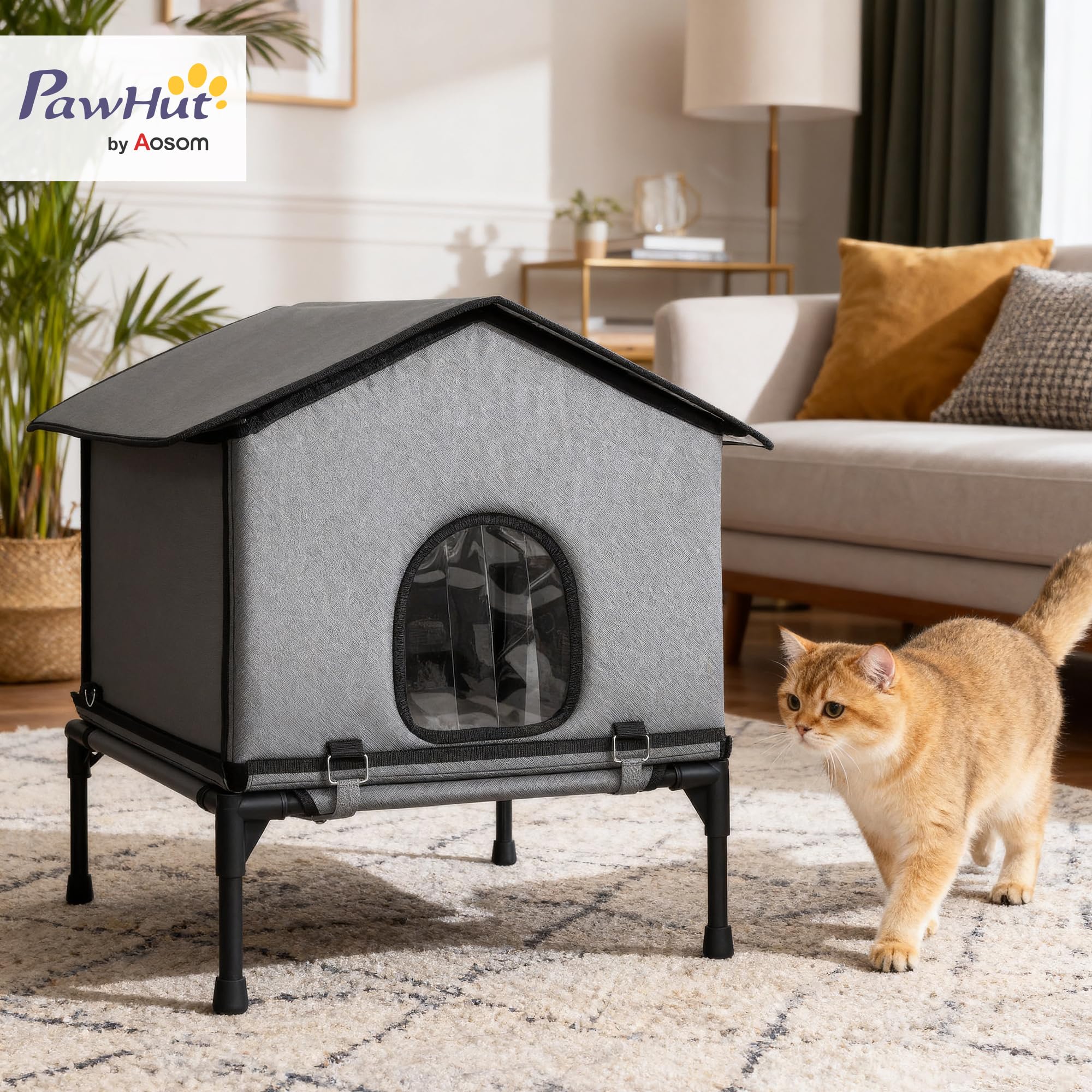 PawHut Casa Gato Exterior Impermeable aislada cojín para Gatitos Gris | Perrera gato, base elevada, refugio plegable para gato callejero, interior exterior