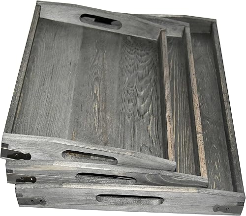 Miniatura 4 de Owlgift Bandejas de madera gris vintage con detalles de metal de latón, juego de 3