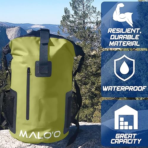 Miniatura 5 de Malo'o Mochila enrollable impermeable de 30 L, ideal para playa, mochilero, pesca y kayak, Verde oscuro, Rool-top