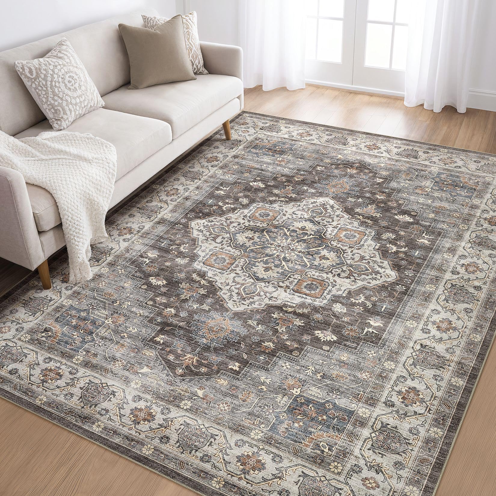 LOONGRUG 5x8 Area Rug Washable Vintage Boho Living Room Rug Grey Brown