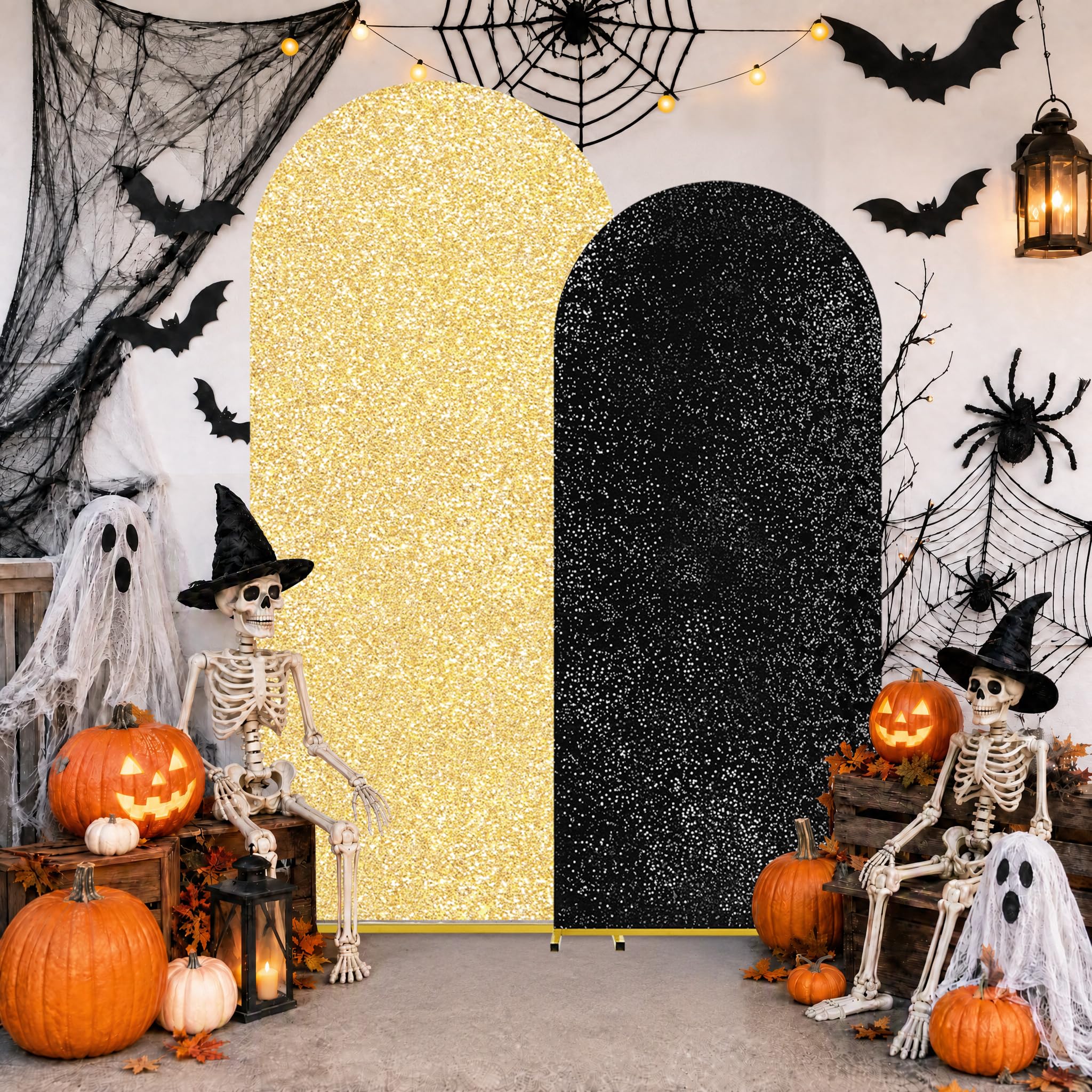 Halloween Arch Backdrop Cover Set of 2 (7.2ft+6ft) Black Gold Sequin Arch Backdrop Balloon Arch Cover Party Decorations for Birthday Party Ceremony Events Decor