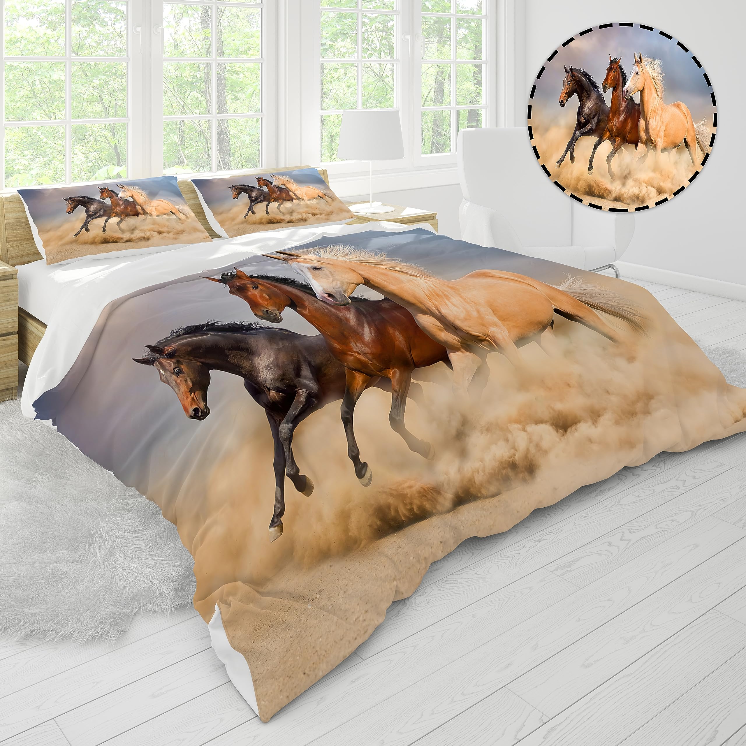 Copripiumino cavallo 220x240 cm,copripiumino stampa cavalli con Cerniera, con 2 federe 50x75 cm，cavallo 1：220x240cm