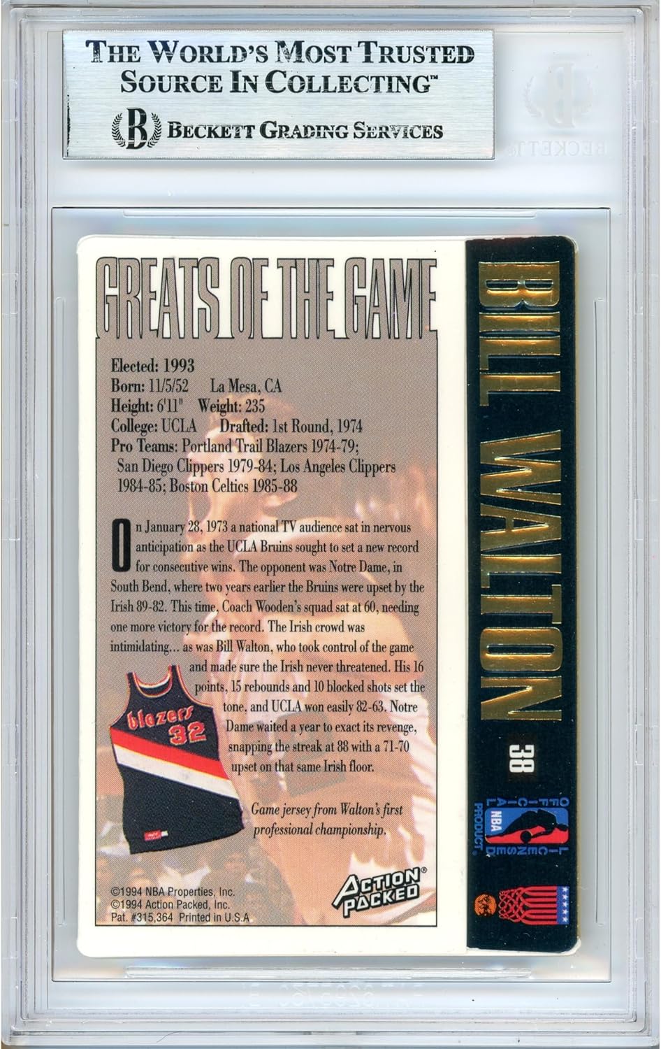 Bill Walton Autographed 1994 Action Packed Greats of the Game #38 Basketball Trading Card Slabbed Beckett BAS Authentic Slab COA Played For Portland Trail Blazers NBA