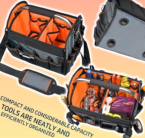 Miniatura 5 de Bolsa de herramientas para electricista de 12 pulgadas, poliéster balístico 1680D, 34 bolsillos, parte superior abierta, bolsas de herramientas