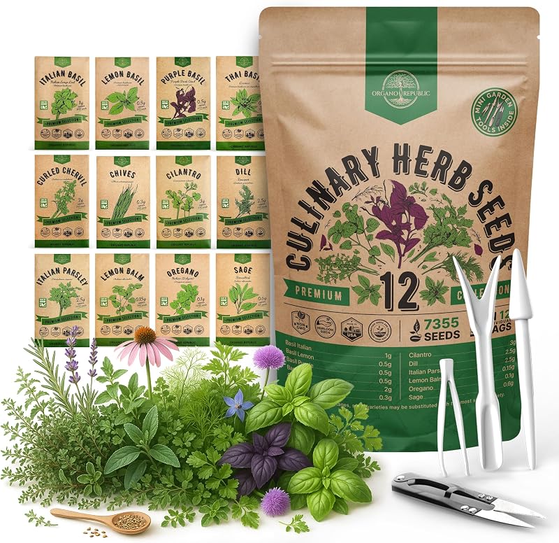 12 Culinary Herbs Seeds Variety Pack - 7,355+ Heirloom, Non-GMO, Herbs Seeds for Outdoor and Indoor Home Gardening, Including Basil, Cilantro, Chives, Dill, Parsley, Sage