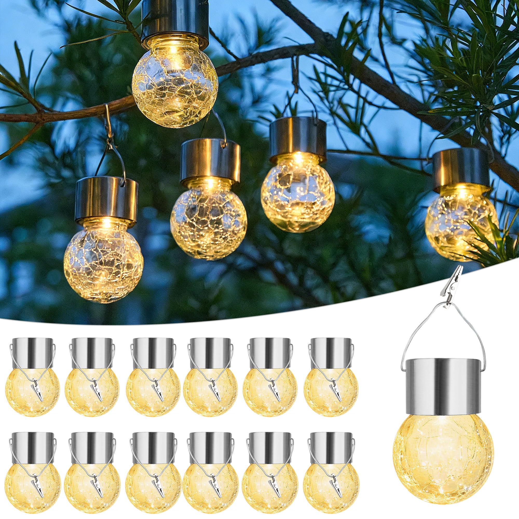 Lanterne solari per esterni, luci a sfera a energia solare, impermeabili, decorative, in vetro incrinato, ornamenti per pastore, gancio, albero, ombrello, recinzione, giardino, cortile, decorazione