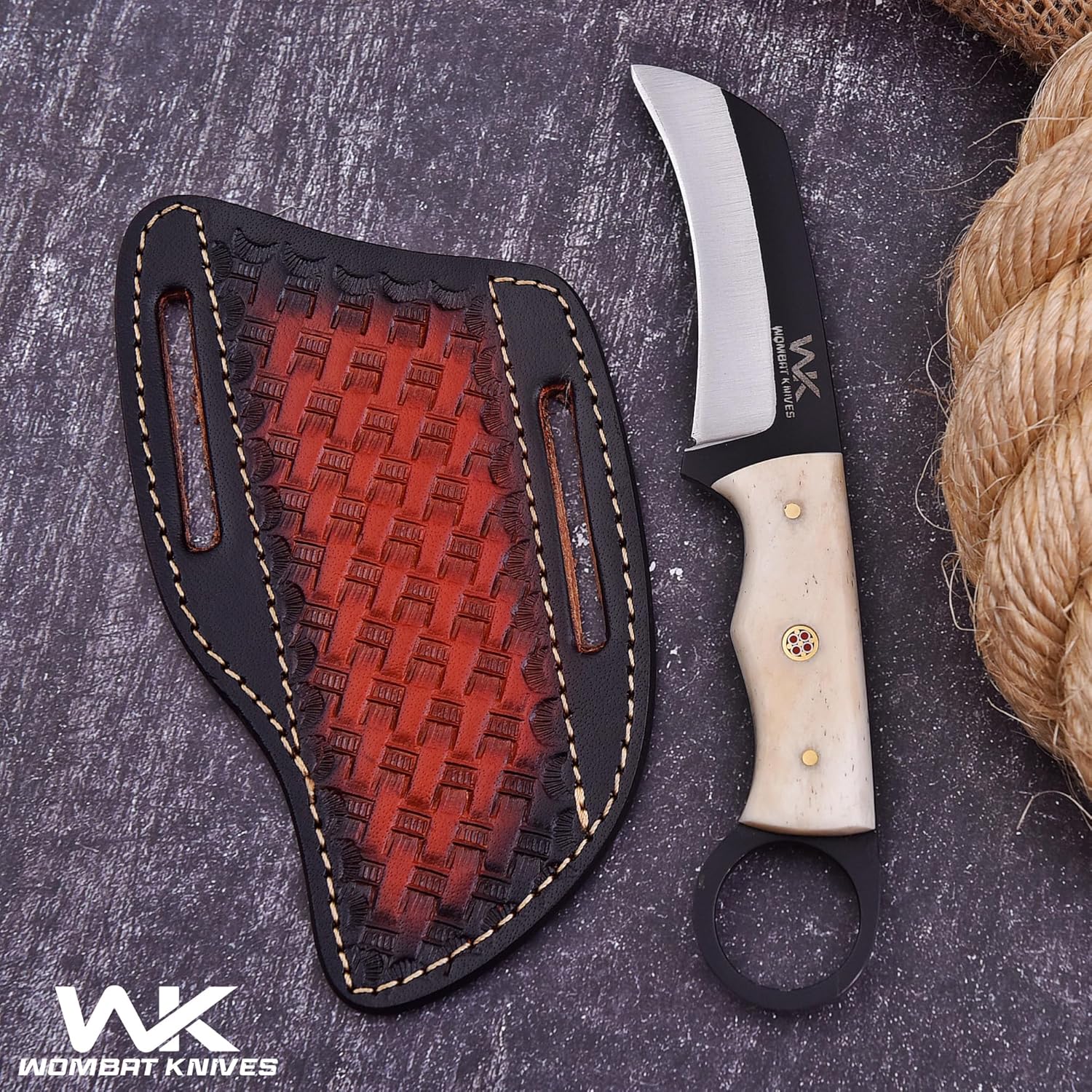 Handmade Lineman tools Hawkbill knife with Leather Sheath,1095 High Carbon Steel Professional Heavy Duty Wire Skinning knife, Utility Fixed blade Electrician tools Knife (Powder Coated)