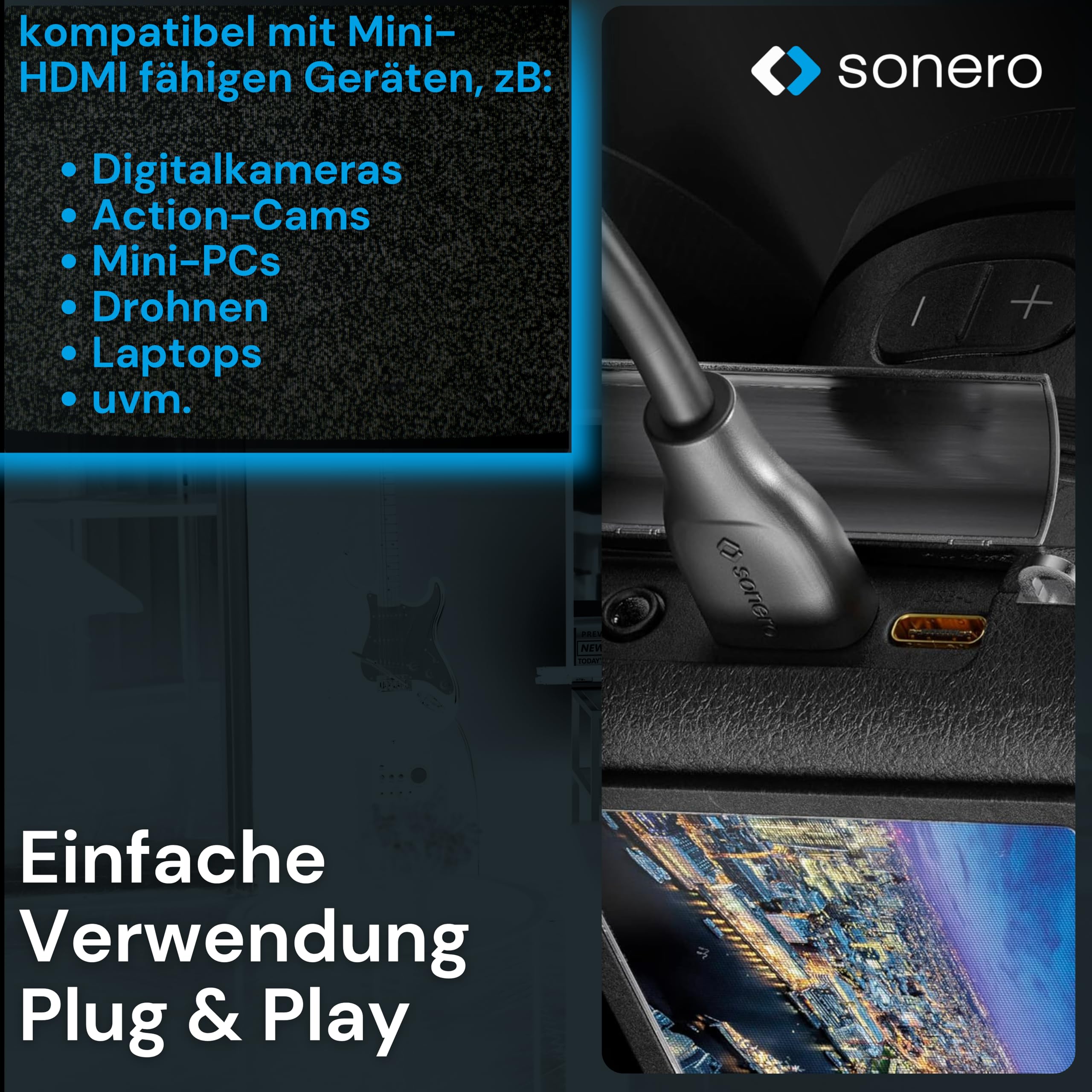Sonero® Adattatore salvaporta Sonero® da Mini HDMI a 4K HDMI, Premium High Speed, connettore Mini HDMI C a presa HDMI A, contatti dorati, doppia schermatura, guaina in PVC, 0,15 m
