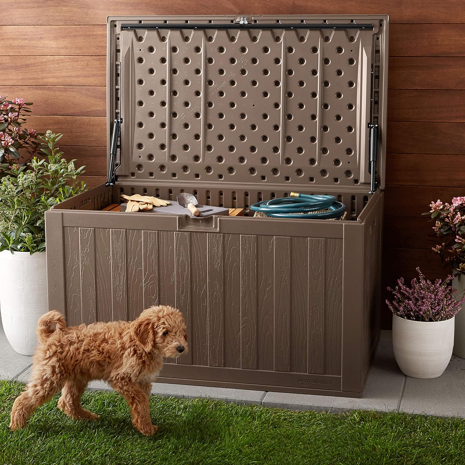 Amazon Basics 134-Gallon Resin Deck Storage Box, Mocha