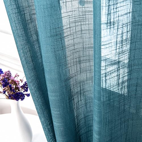 AmHoo 2 Panels Linen Sheer Curtains Premium Heavy Semi Draperies with Grommet Top Drapes Voile Panels Window Treatment for Living Bedroom Room Teal 52 x 84 Inch