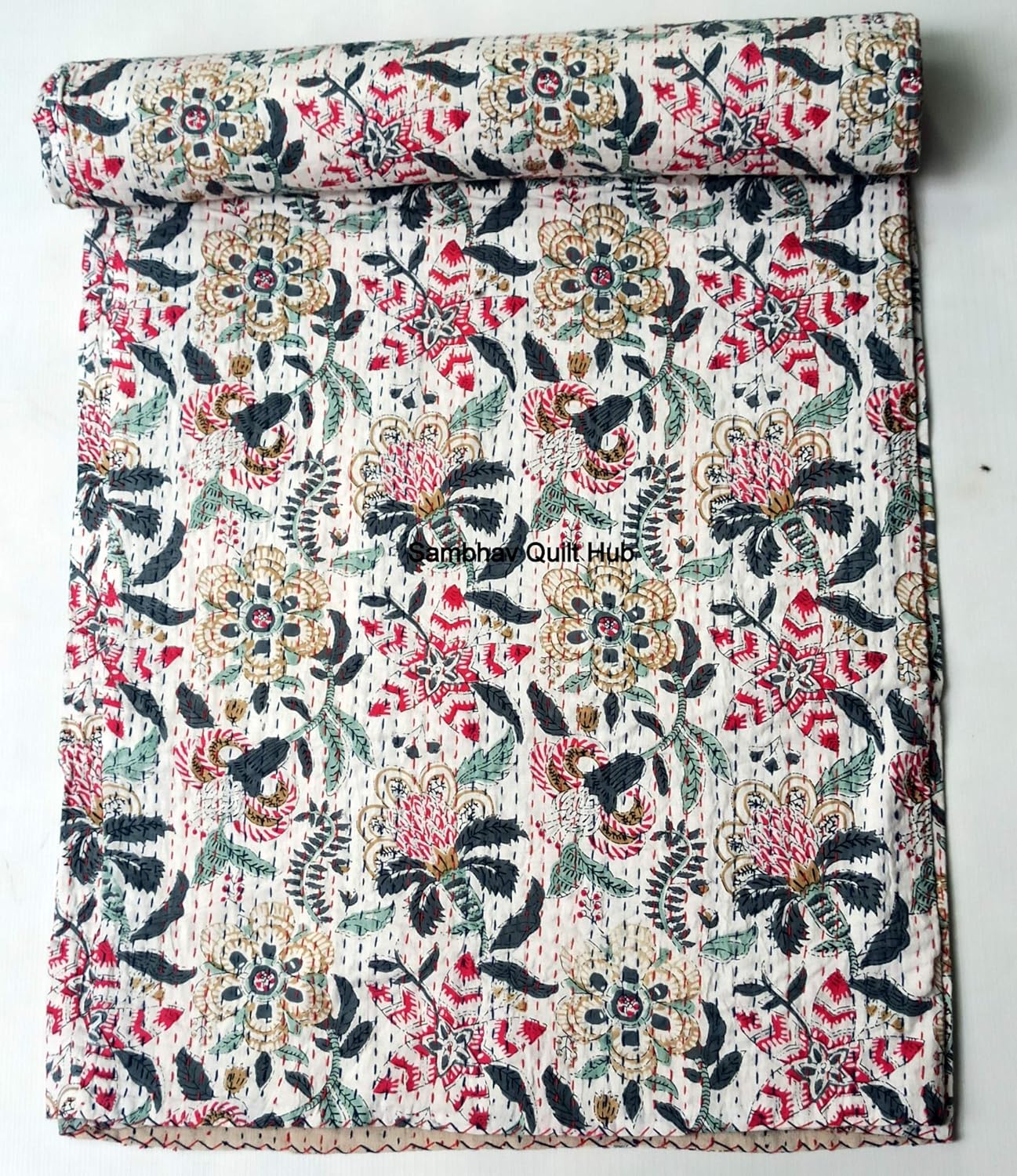 Floral Kantha Quilt Block Printed Kantha Blanket Cotton King Kantha Bedspread Handmade Kantha Coverlet Throw Queen Throw Kantha Blanket