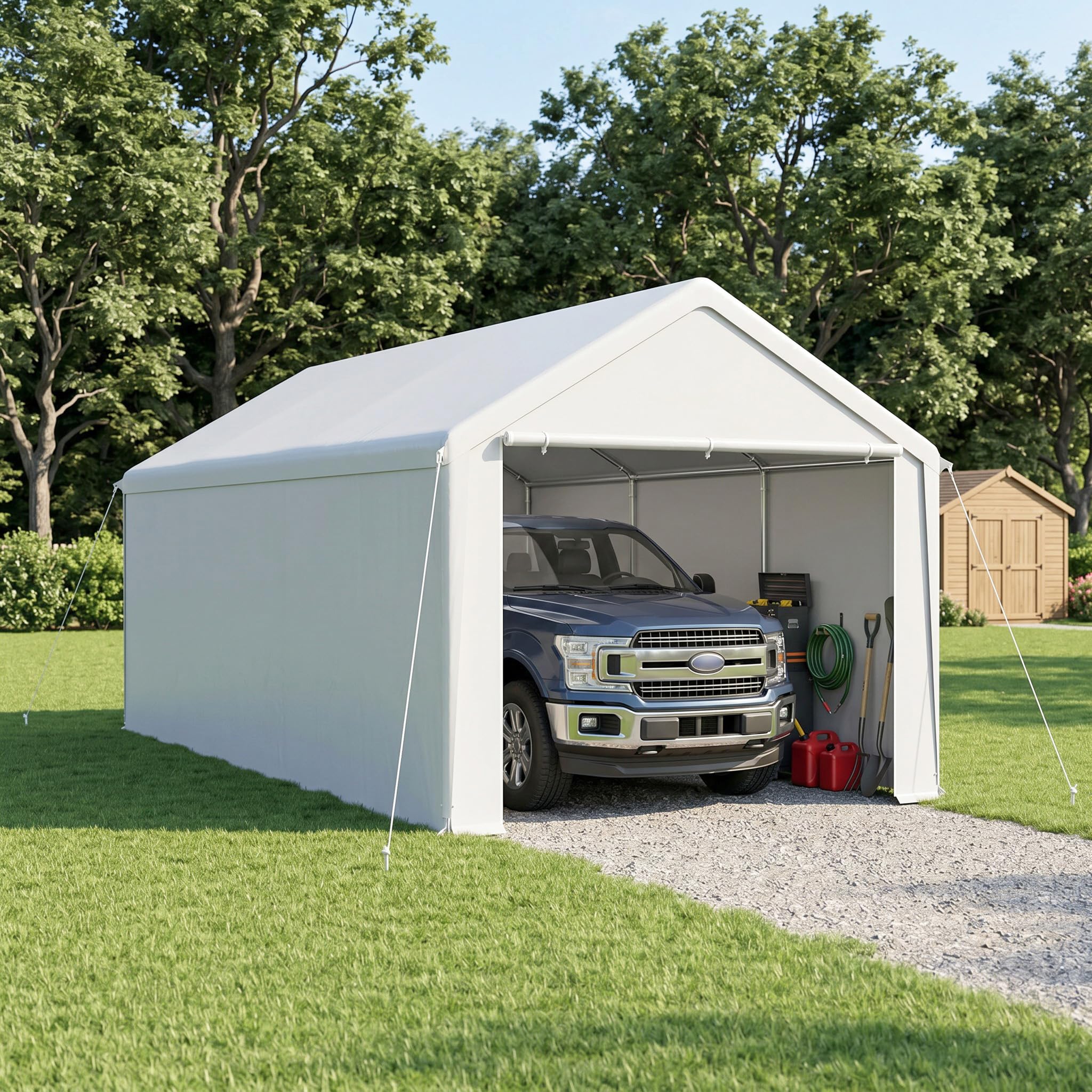 Carport - Tienda de campaña (3 x 6 m, lona de polietileno, resistente a la intemperie, marco de acero galvanizado, con anclajes y cuerdas tensoras, refugio para coches, dispositivos y