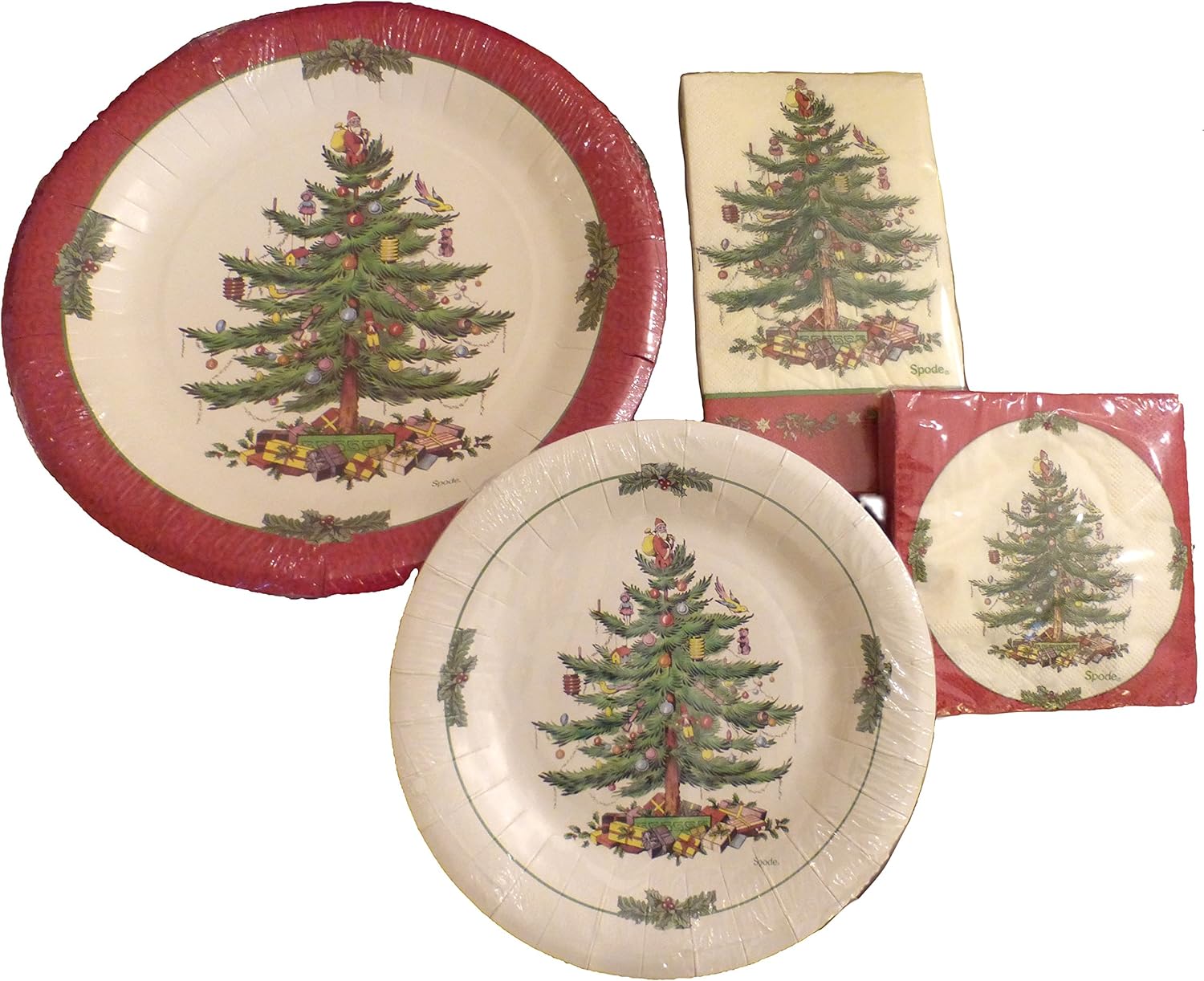 Spode Christmas Tree Paper Plates & Napkins, Red Border
