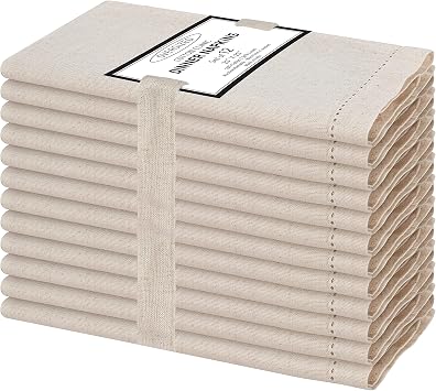 Cotton Clinic 12 Pack Hemstitch Cloth Dinner Napkins Oversized 20x20, Linen Cotton Fabric Tailored with Mitered Corner - Cocktail Napkins, Wedding Dinner Napkins Natural
