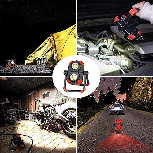 Vista 18 de Yzoni Luz de trabajo LED recargable, 2 COB 2500LM plegable luz de inundación portátil con base magnética y soporte de rotación de 360°, focos