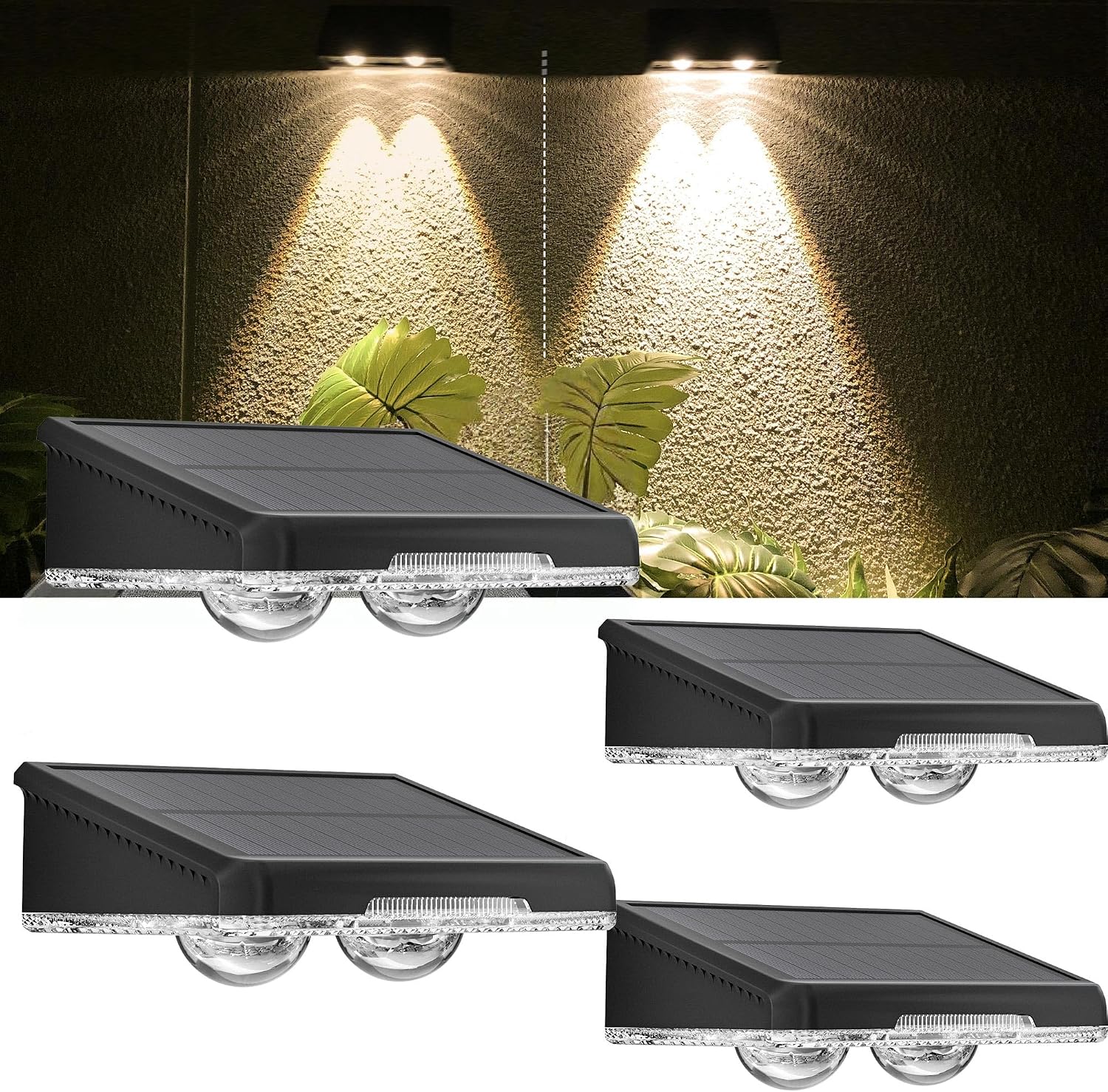 JACKYLED Solar Deck Lights Outdoor, Ultra Bright 2 Lensed LED Fence Light Solar Powered, 3 Color Solar Lights Outdoor Waterproof, Auto ON/Off Deck Lighting for Wall Patio Backyard Step Railing, 4 Pack