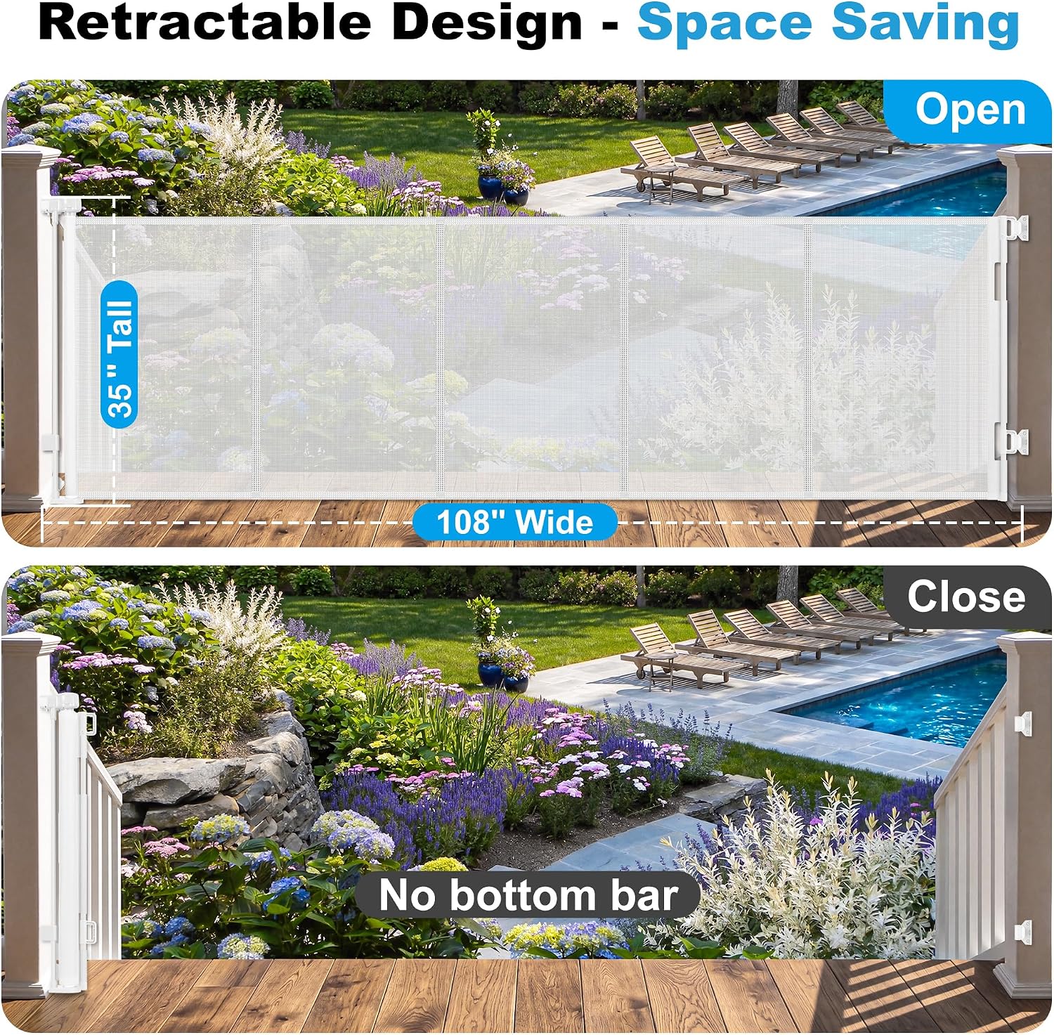 108" Wide Weatherproof Outdoor Retractable Baby Gates Extra Wide with Rust-Proof Stainless Steel Hardware& Waterproof Mesh, Reinforced 9 Ft Extra Long Retractable Dog Gate to Prevent Crawling Through