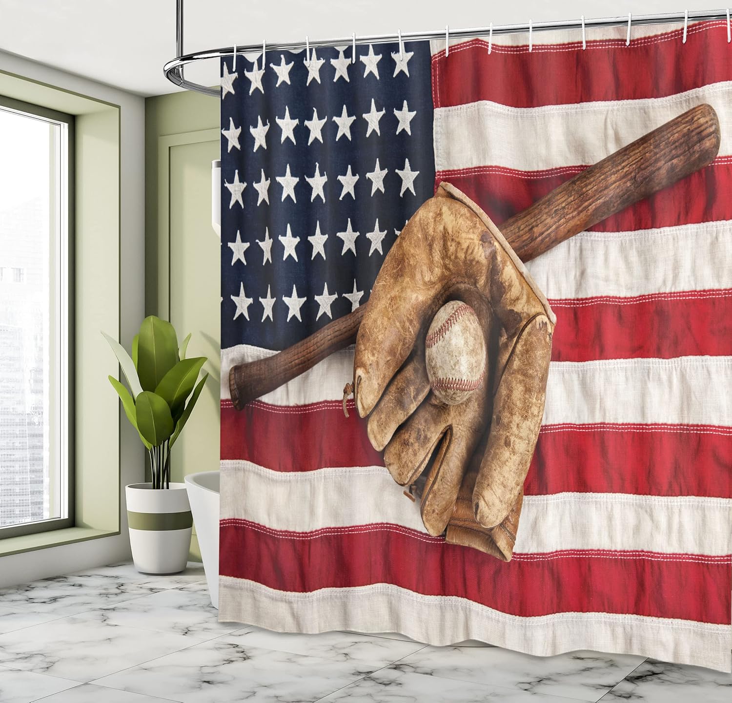 Ambesonne Baseball Shower Curtain, Vintage Baseball League Equipment USA Grunge Glove Bat Fielding Sports Theme, Cloth Fabric Bathroom Decor Set with Hooks, 69" W x 70" L, Brown Red Blue