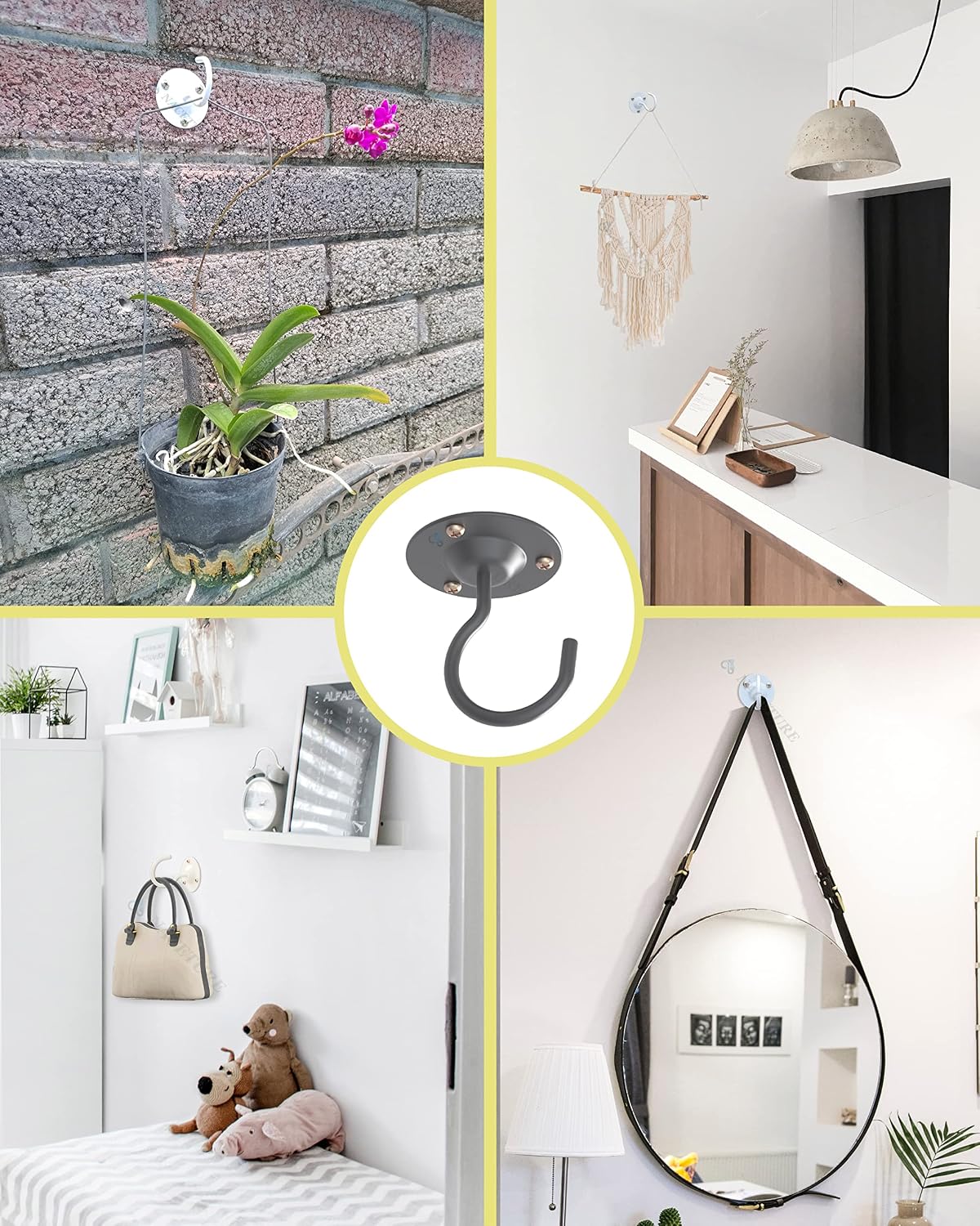 NACETURE Ceiling Hooks for Hanging Plants 3 Pack - Plant Hanger Indoor Hanging Hooks Metal Plant Bracket Iron Lanterns Hangers for Wind Chimes, Planters - Pack of 3 (Black)