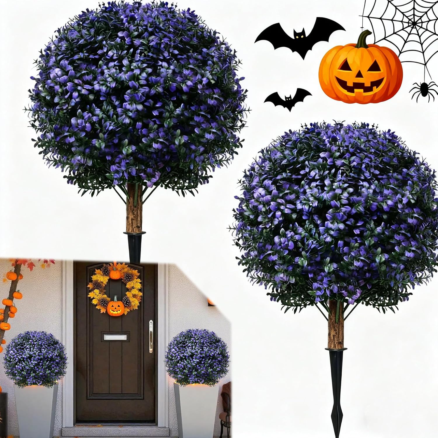 Set of 2 Artificial Boxwood Topiary Ball Trees Outdoor Faux Shrubs Artificial Boxwood Plants with Ground Spike, 24" Lavender Fake Evergreen Tree UV Resistant for Planter,Potted,Fall