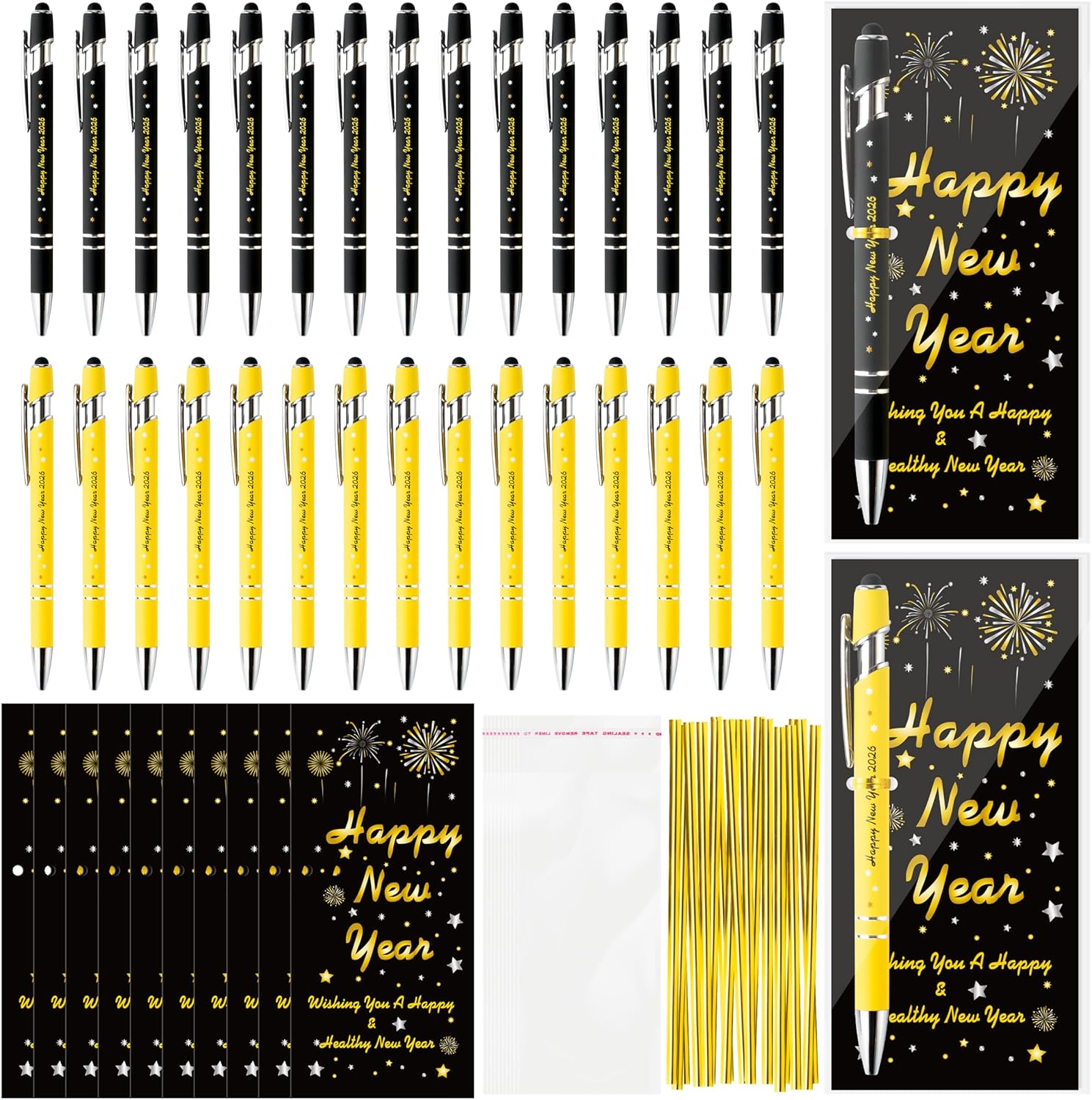 ANGOLIO Happy New Year Gifts Bulk - 200Pcs Inspirational Gold Black Bookmark Blessing Cards Metal Ballpoint Pen for Guests Teachers Employee 2026 Lunar New Year Eve Christmas Gifts Party Supplies
