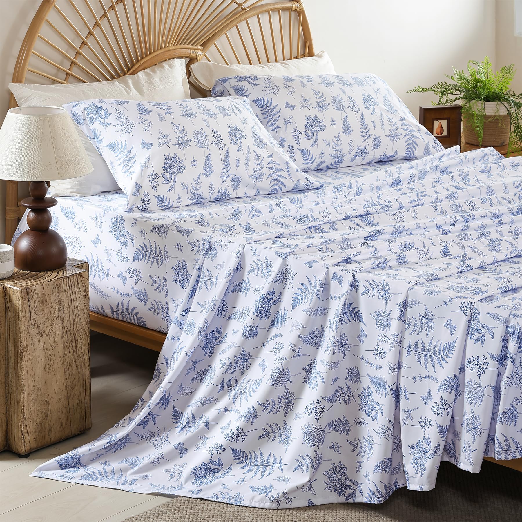 Whitney Home Textile Herbs Ferns Printed Twin Sheet Set - Soft Boho Botanical Rustic Pattern Bed Sheets, Microfiber Bedding & Pillowcases, Oeko-Tex, Wrinkle Free, 3 Piece Blue White (Twin Size)