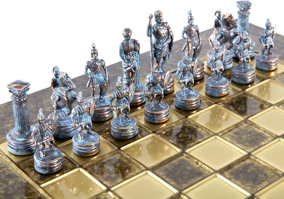 Greek Roman Army Chess Set - Blue&Copper with Brown Board