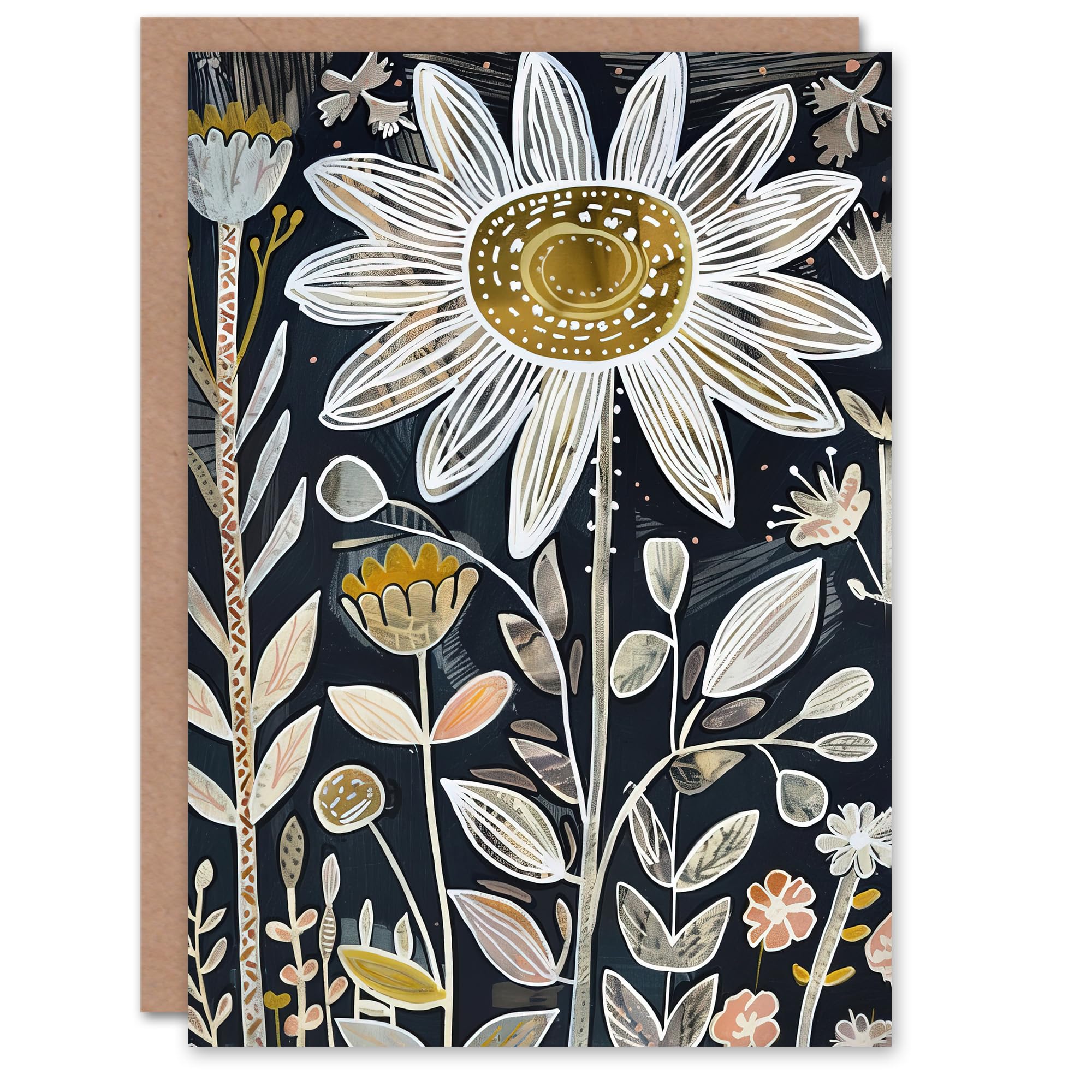 Artery8 Greeting Card Single Daisy Flower Artwork Dark Floral Folk Art For Her Woman Birthday Card