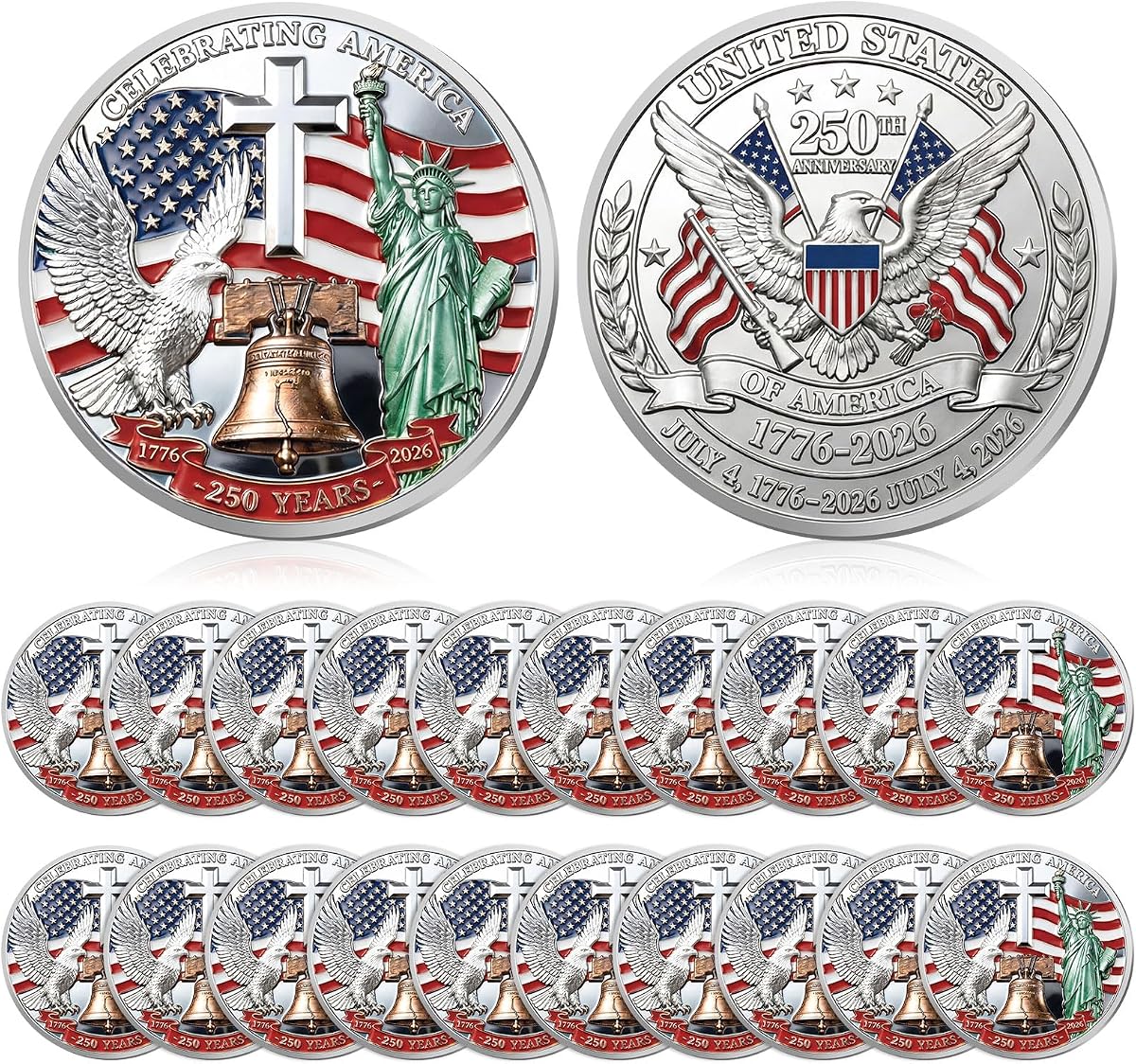 Highergo 20 monedas conmemorativas del 250 aniversario Águila, estilo 10 | Símbolos patrióticos con estatua de la Campana de la Libertad, moneda de desafío para exhibición de celebración, regalo de coleccionistas de mercancías de 250 años