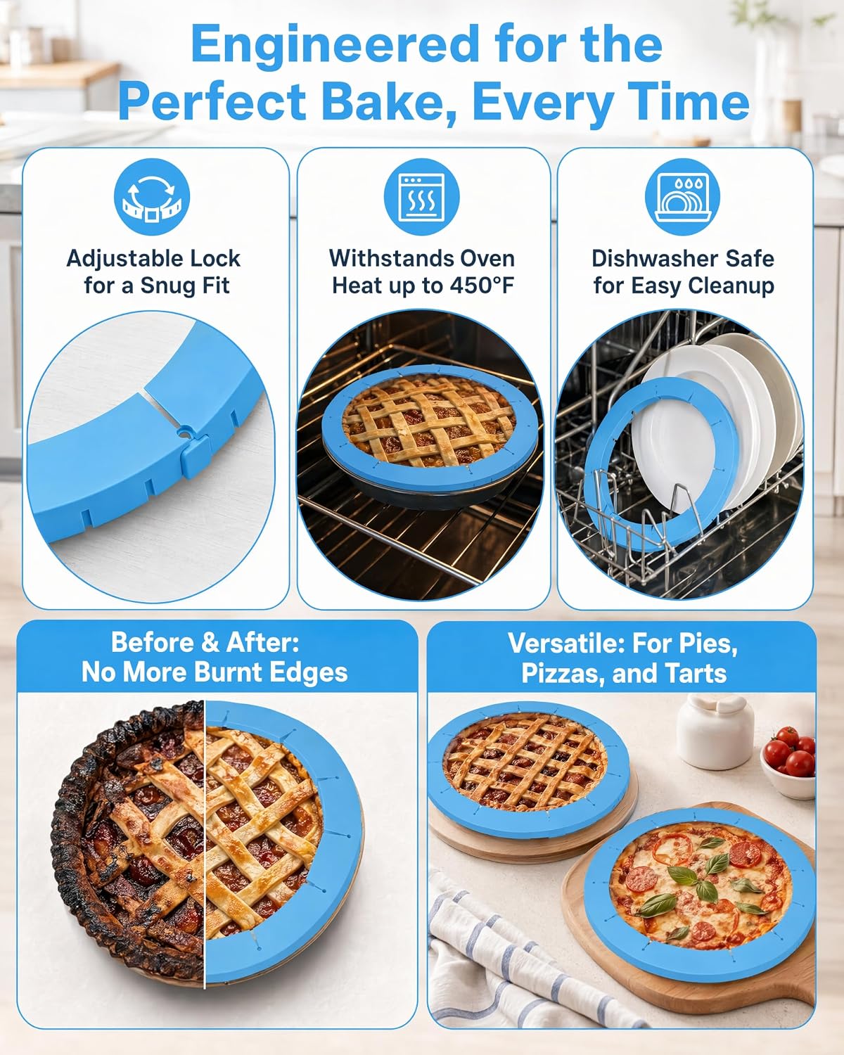 2 Pack Adjustable Silicone Crust Shield for Baking Pizza, Fit 8-10.7 Inch Pies ，Blue