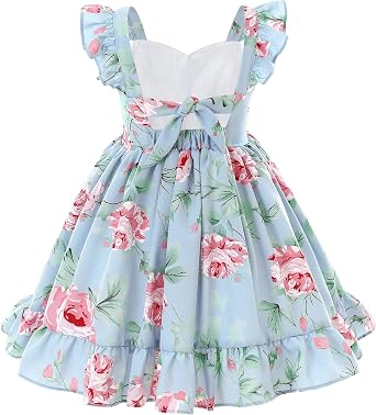 Summer Girls Floral Dress Ruffle Sleeve Tie Back Vintage Toddler Birthday Tea Party Dresses