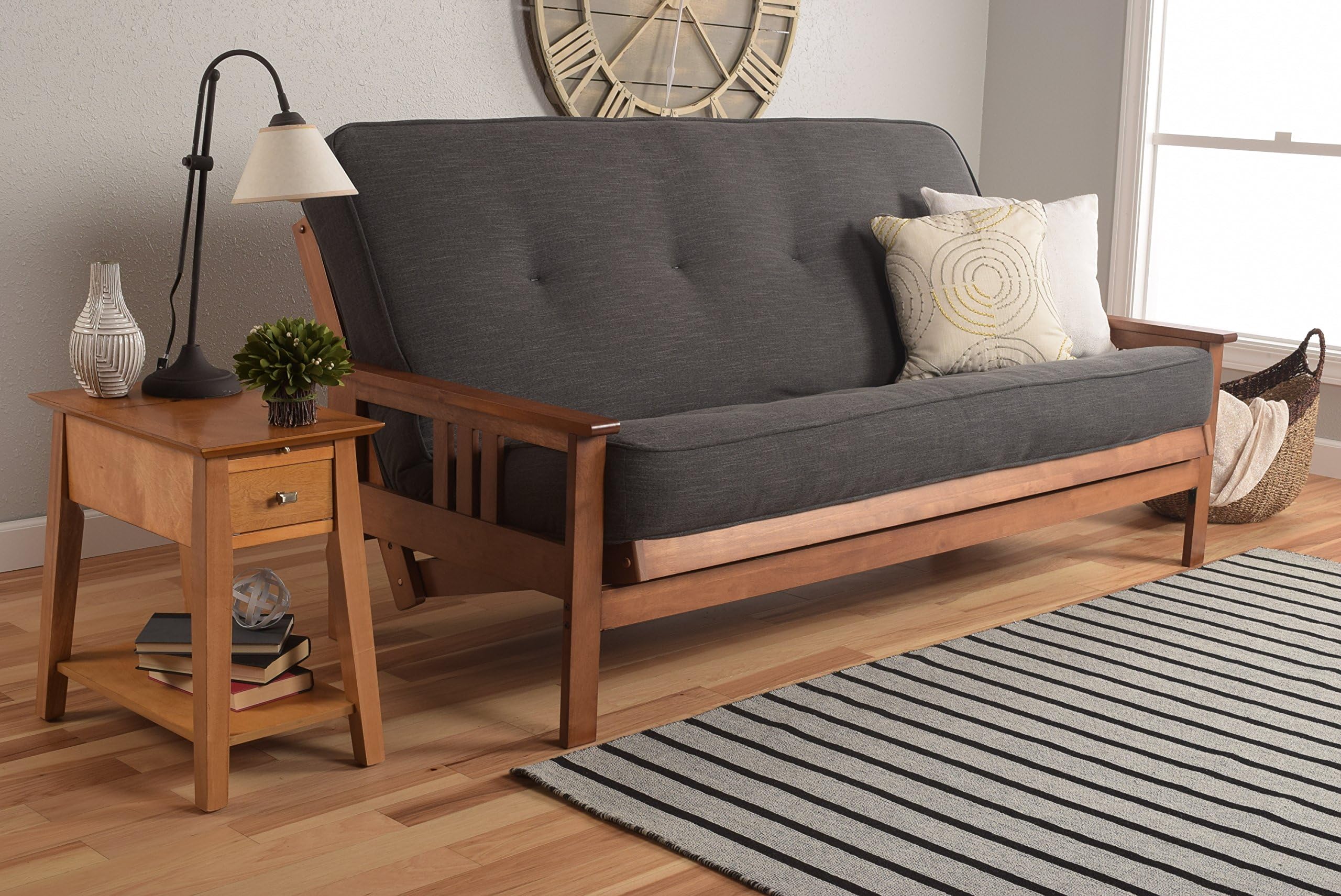 Mattress and Frame Set ONLY Wooden Futon Monterey Arms Style Sofa Bed Couch Innerspring Mattress Cover Choices Buy Futons (Barbados Frame - Charcoal Linen Fabric)