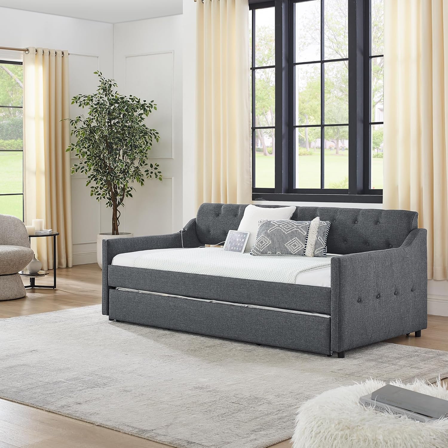 Twin Size Upholstery Daybed with Erectable Trundle and USB Charging, Linen Dark Gray, Expandable Daybed for Bedroom, Living Room, 82W x 41D x 33H in