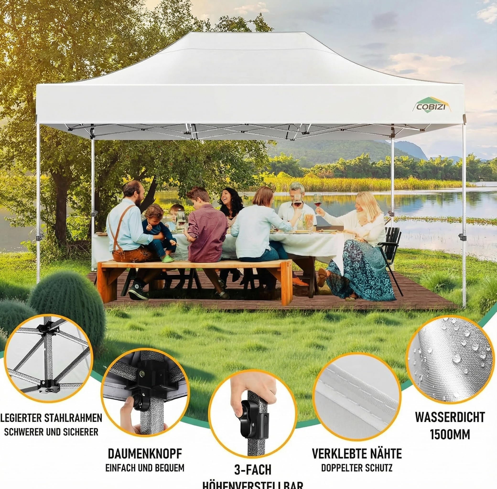 COBIZI Tonnelle Pliante 3x4.5 avec 4 Panneaux Latéraux, étanche, Stable, Pliable, Extérieur, Protection UV 50+, Blanc