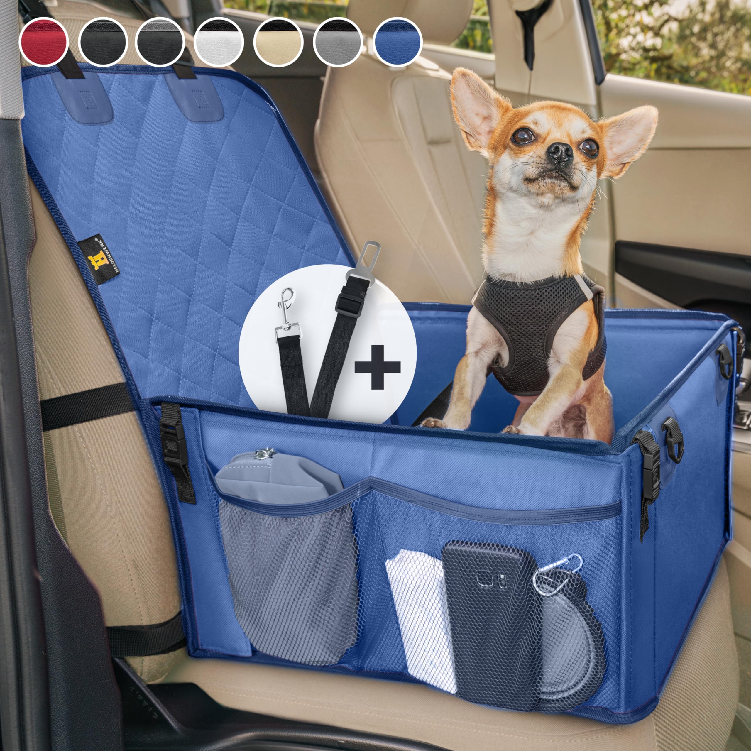 HELDENWERK Asiento de coche para perros pequeños y medianos con correa, resistente al agua y estable para el asiento trasero y el asiento delantero, asiento de coche para perros, asiento de copiloto
