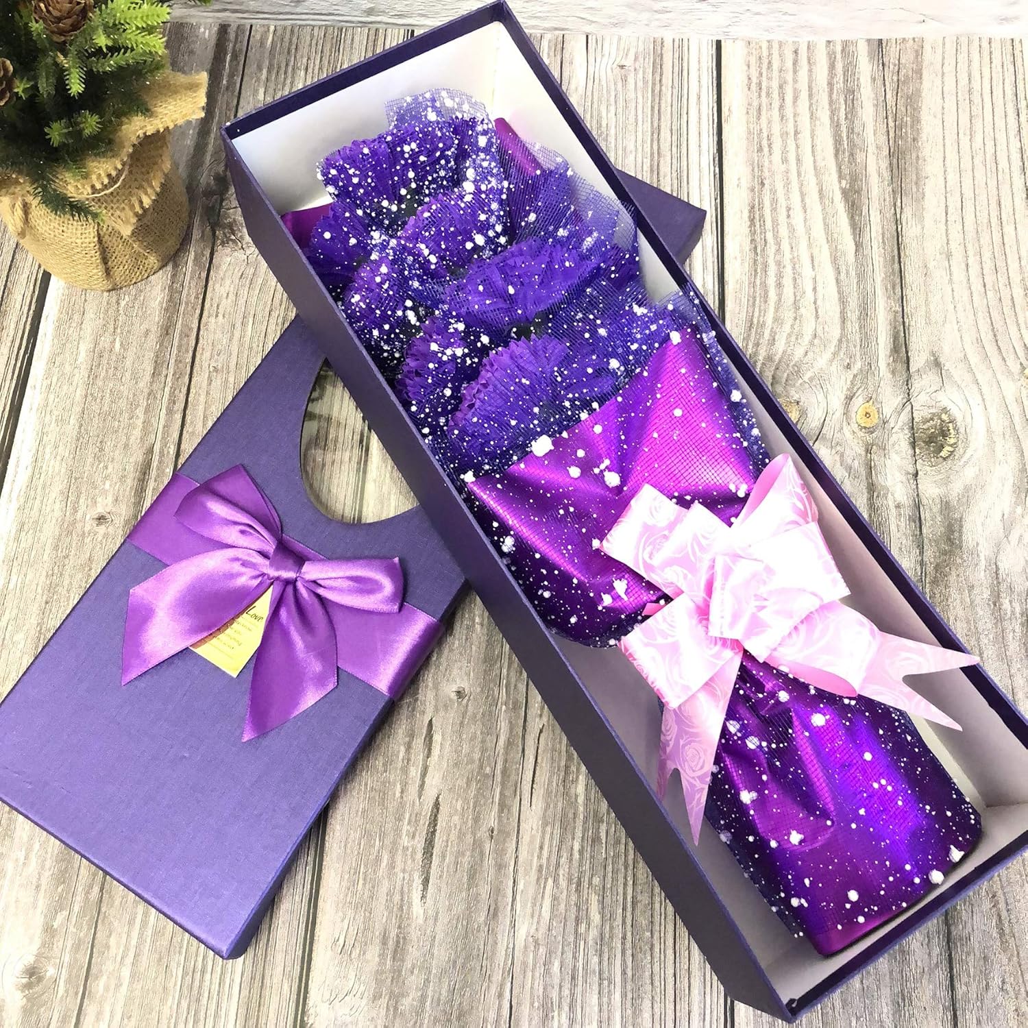Abbie Home 11Pcs Carnations Soap Flower Bouquet Artificial Flower Box Gift for Mother's Day-Purple