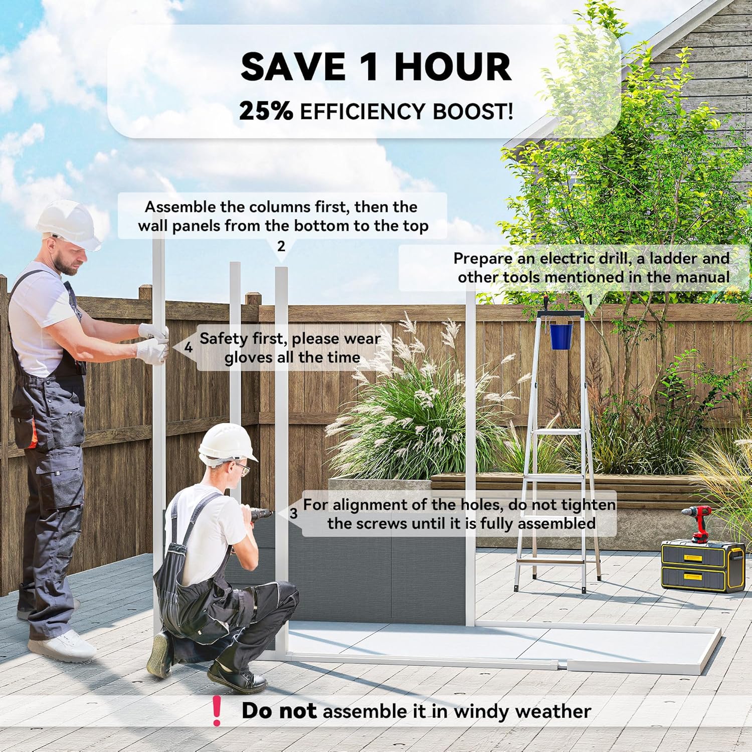 Workers preparing tools and parts for shed assembly