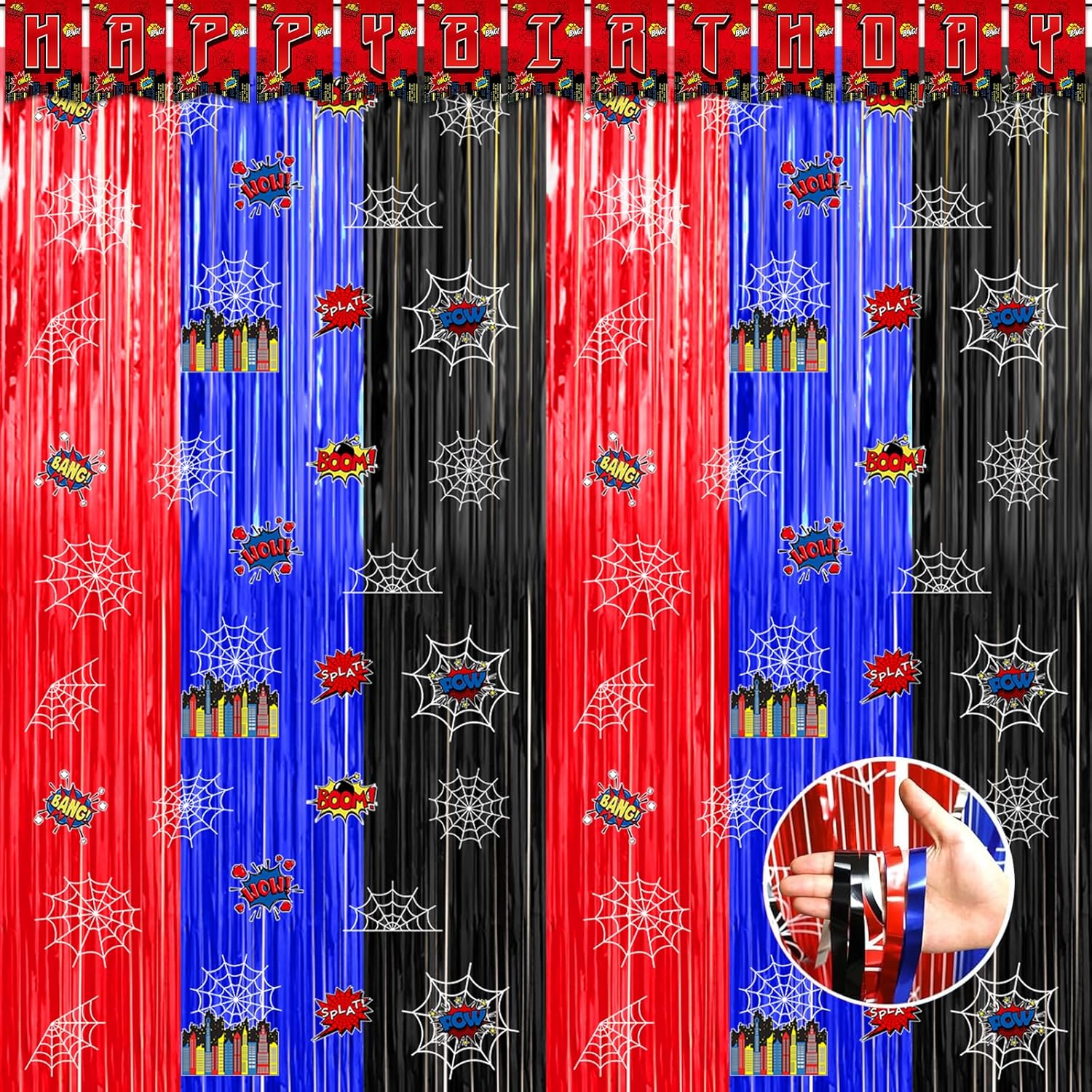 Spider Web Birthday Decorations, 2 Pack Spider 3.3x6.6ft Tinsel Foil Fringe Curtains with Spider Happy Birthday Banner, Spider Photo Booth Prop Backdrop Streamer