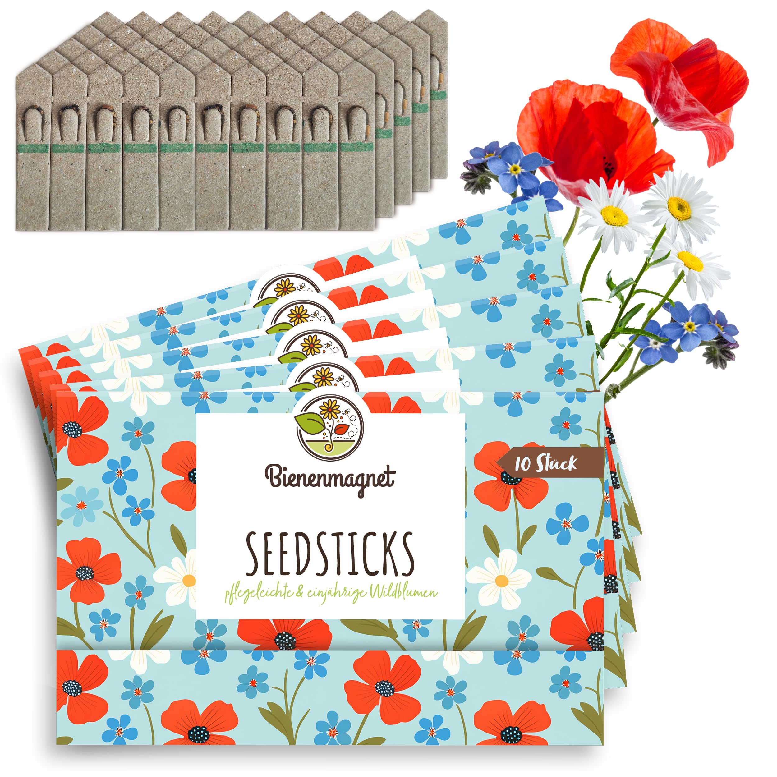 Samen-Sticks mit Wildblumensamen - Bienenfreundliche Saatgut-Sticks für Balkonkästen, Blumentöpfe und Gartenbeete (50 Stück)
