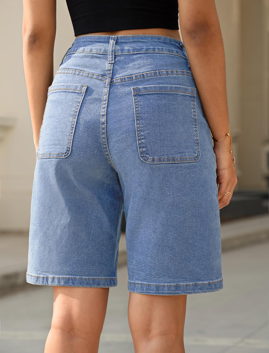 IWD Bermuda Denim Shorts for Women Knee Length 4 Pockets Long Jean Shorts Elastic High Waist Summer Jorts - Image 2