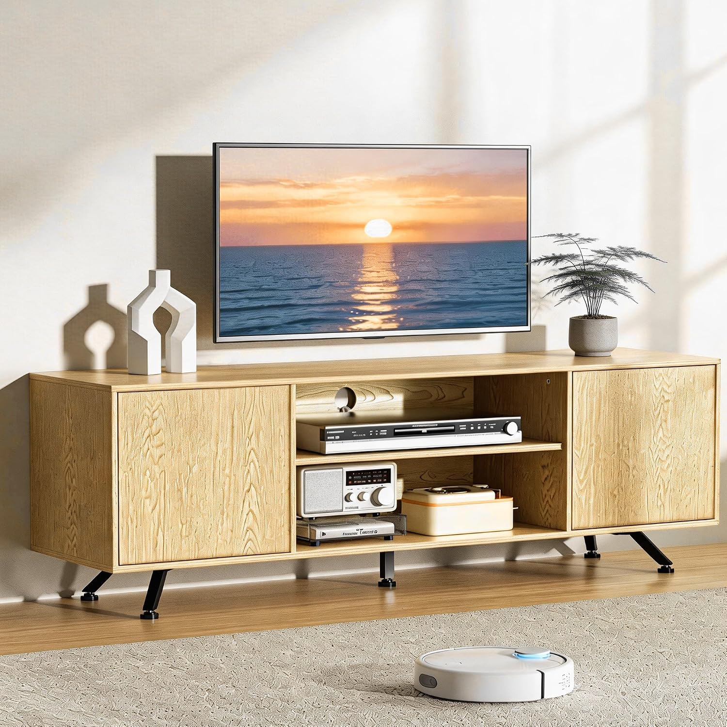 TV Stand for 55-65 Inch TV, 53 Inch Long Wood Entertainment Center with Storage Cabinet, Media Console Table with Adjustable Feet & 2 Cord Holes, TV Cabinet for Living Room Bedroom, Natural