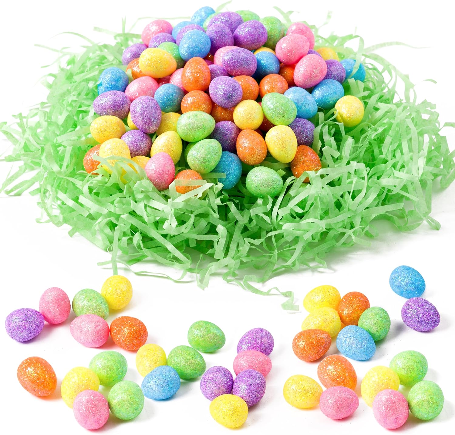 Haooryx Easter Mini Foam Eggs and Grass - 241 Pcs Glitter Foam Eggs Bulk Decorative for Easter Party Kids Classroom DIY Craft Favor Supplies Easter Basket Stuffers Spring Party Home Dinner Table Decor